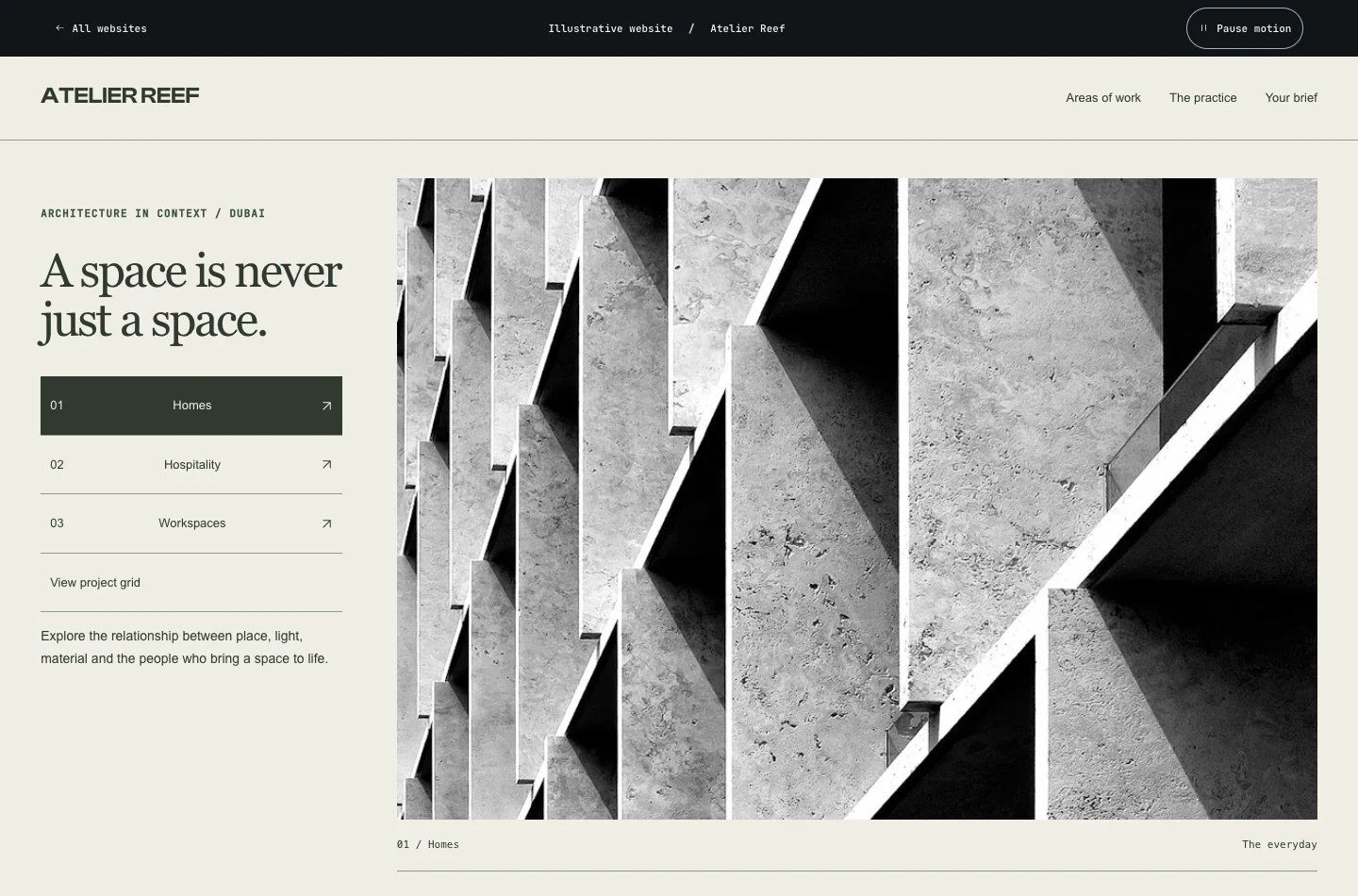 Atelier Reef. Explore the relationship between place, light, material and the people who bring a space to life.